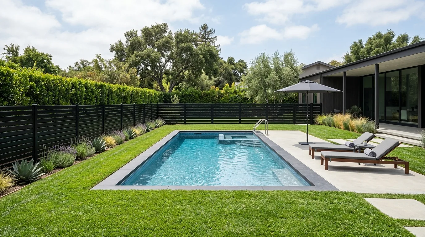 Minimalist Pool With Black Metal Fence